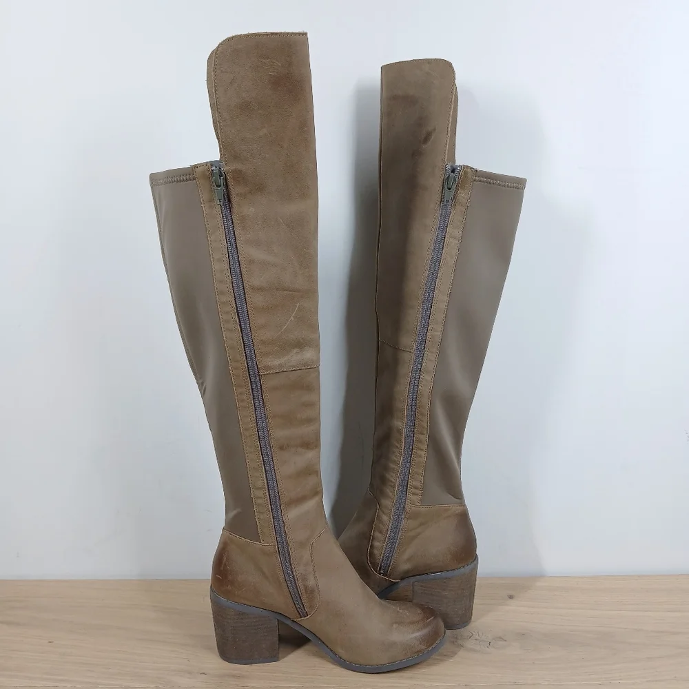 Joyfolie Grayson Tan Brown Leather Over the Knee‎ Stretch Block Heel Boots 1579